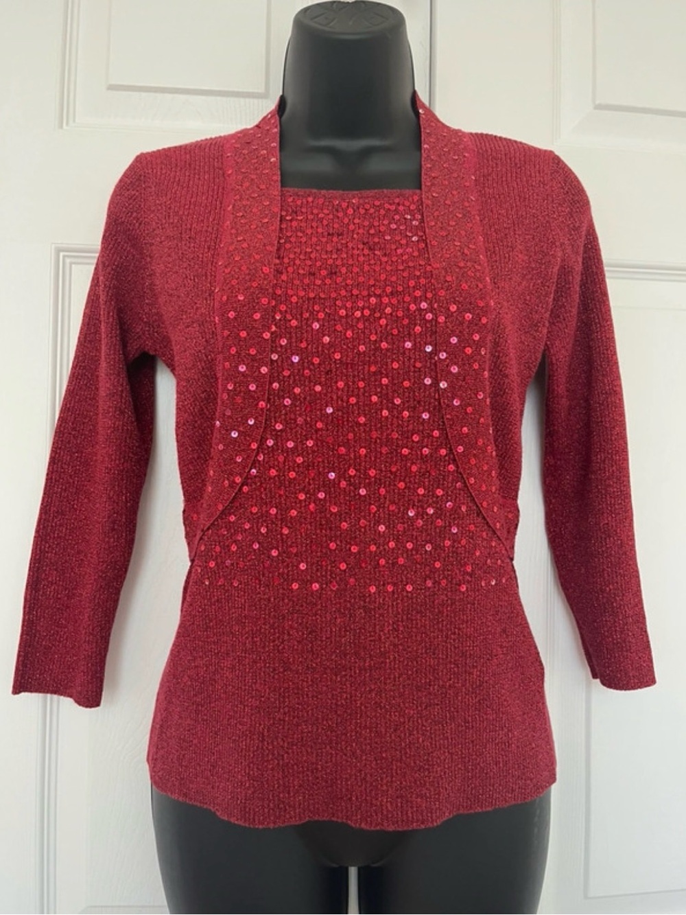 dressbarn Red Sequin-Embellished V-Neck Knit Top